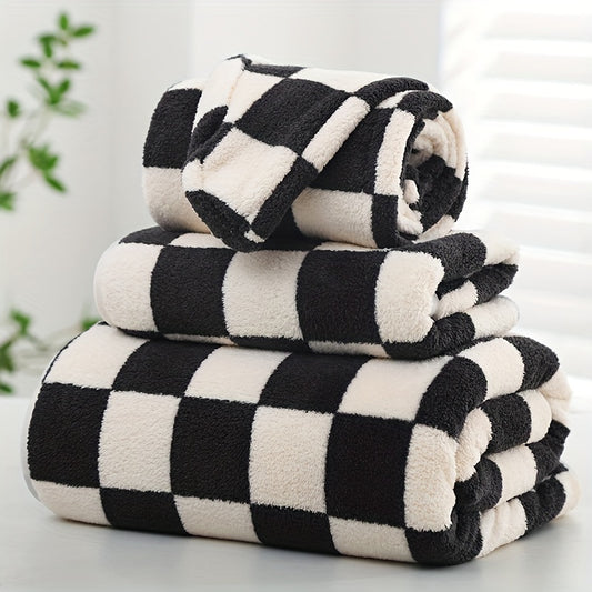 3pcs Checkerboard Pattern Towel Set, 1 B Bath Towel & 1 Hand Towel  & 1 Dry Hair Cap, Houschold Coral Fleece Towel, Soft And Comfortable Hand Towel Bath Towel, Absorbent Towels For Bathroom, Bathroom Supplies